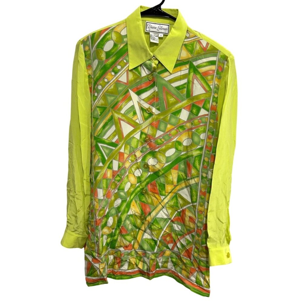 Diane Gilman Silk Button-Up Shirt Abstract Geometric Multicolor Long Sleeve Sz M